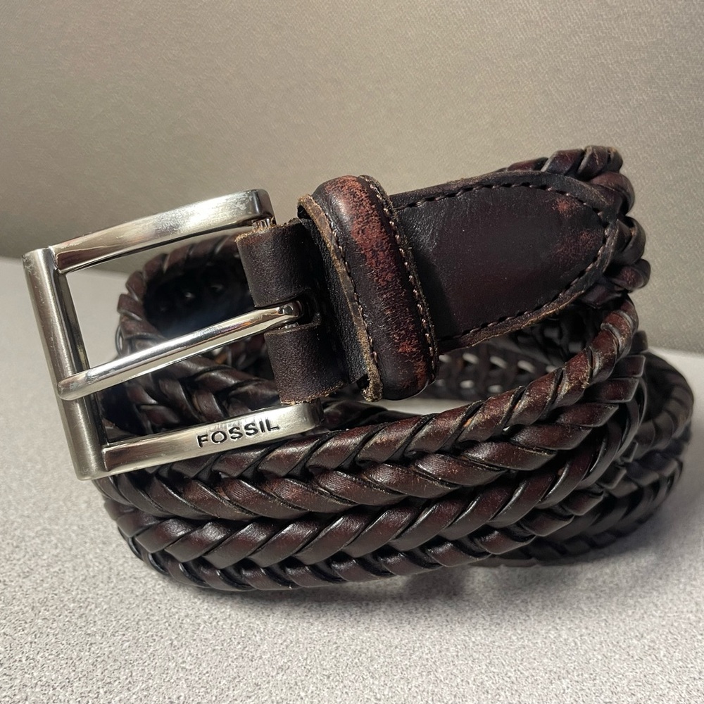 FOSSIL‎ Belt Size 80/32 Brown Leather Woven Silver Buckle